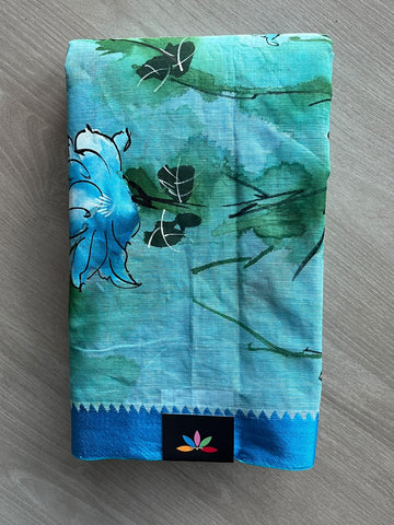Sky-Blue Hand Painted Bengal Cotton Saree (Without Blouse) - 37741