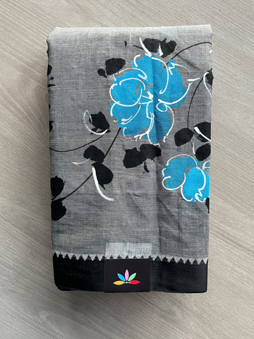 Pewter Grey Hand Painted Bengal Cotton Saree (Without Blouse) - 37744