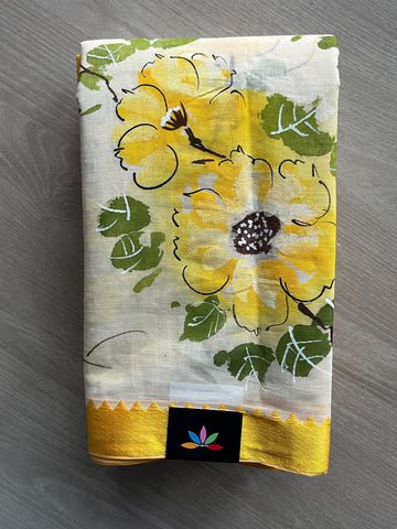 Off-White Hand Painted Bengal Cotton Saree (Without Blouse) - 37745