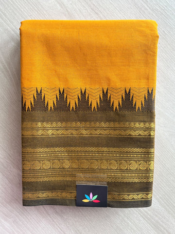Golden Yellow Traditional Contrast Border Chettinad Cotton Saree - 37756