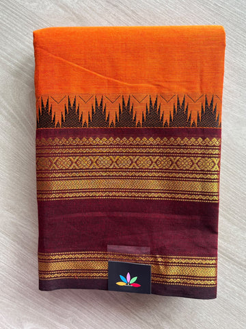 Vivid Orange Traditional Contrast Border Chettinad Cotton Saree - 37757