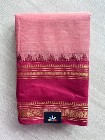 Flamingo Pink Traditional Contrast Border Chettinad Cotton Saree - 37758
