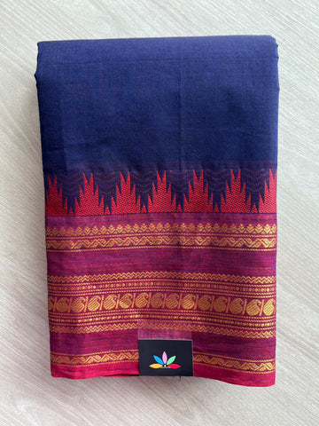 Dark Navy Blue Traditional Contrast Border Chettinad Cotton Saree - 37761