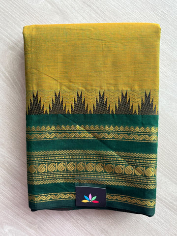 Mustard Yellow Traditional Contrast Border Chettinad Cotton Saree - 37762