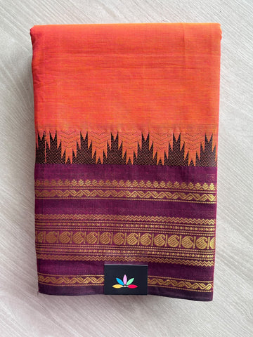 Neon Orange Traditional Contrast Border Chettinad Cotton Saree - 37763