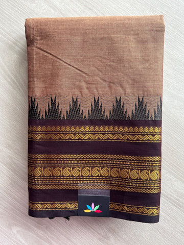 Beaver Taupe Brown Traditional Contrast Border Chettinad Cotton Saree - 37764