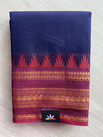Midnight Blue Traditional Contrast Border Chettinad Cotton Saree - 37768
