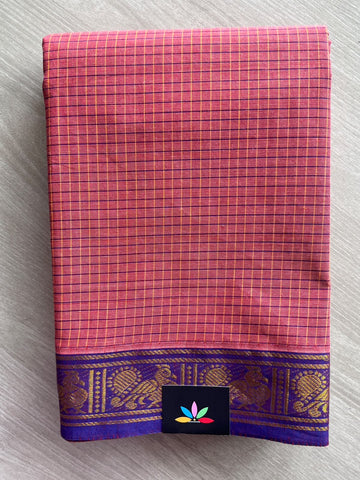 Light Red Rose Checked Chettinad Cotton Saree - 37777
