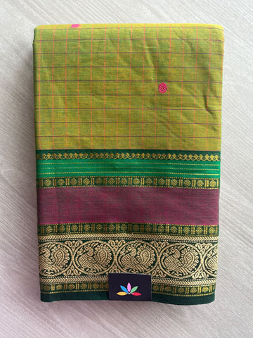 Olive Green Zari Border Butta Chettinad Cotton Saree - 37780