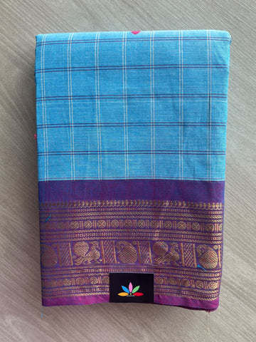 Vivid Sky-Blue Zari Border Butta Chettinad Cotton Saree - 37781