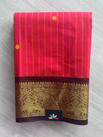 Red-Pink Zari Border Butta Chettinad Cotton Saree - 37782