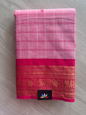 Taffy Pink Zari Border Butta Chettinad Cotton Saree - 37786