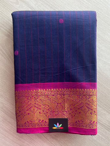 Midnight Blue Zari Border Butta Chettinad Cotton Saree - 37788