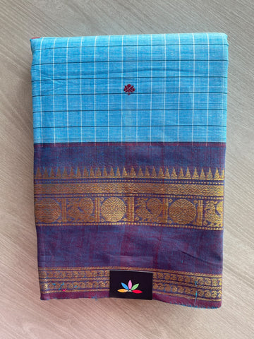Vivid Sky-Blue Zari Border Butta Chettinad Cotton Saree - 37789
