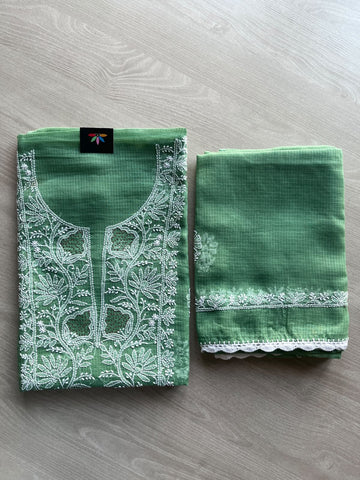 Handembroidered Chikankari Kota Kurti Fabric with Dupatta- 37869