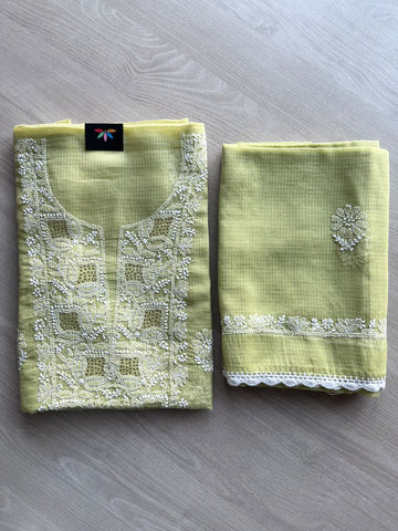 Handembroidered Chikankari Kota Kurti Fabric with Dupatta- 37870