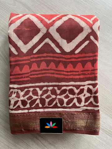 Maroon Natural Dyed Handblock Printed Maheshwari Border Silk Cotton Saree -3831