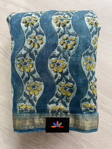 Deep Teal Natural Dyed Handblock Printed Maheshwari Border Silk Cotton Saree-7163