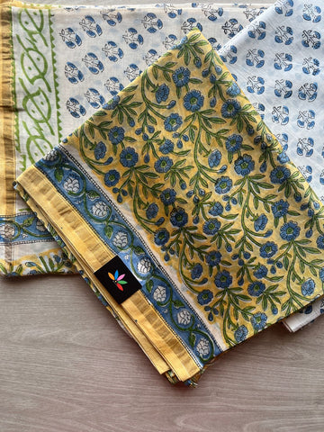 White & Yellow Hand Block Printed Chanderi Cotton Silk 3 Piece Set- 29110