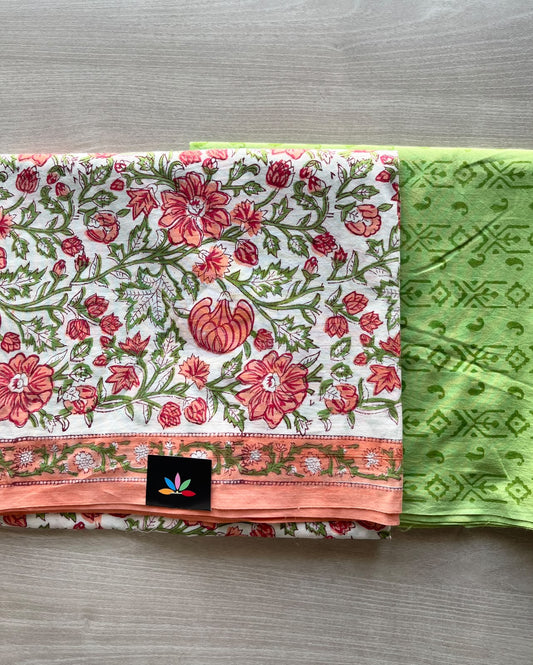 Off-White & Grape Green Hand Block Printed Mul Cotton 2-Piece Unstitched Suit Set - 36092