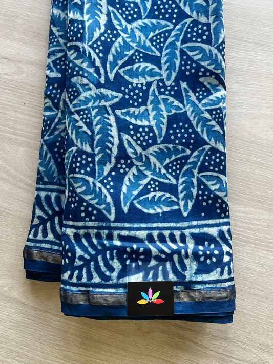 Akola Handblock Printed Indigo Chanderi Silk Cotton Saree -8824