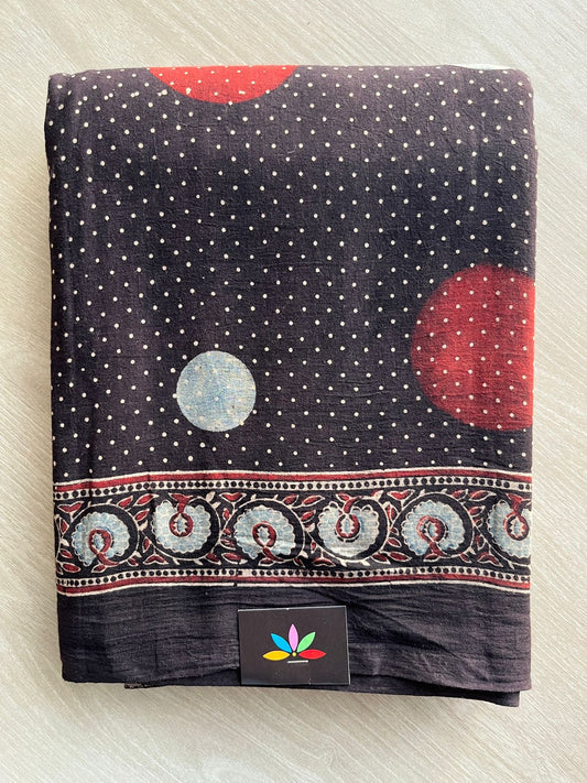 Black Natural Dye Ajrakh Handblock Printed Cotton Saree-19869