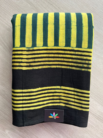 Forest Green & Bright Yellow Natural Dye Ajrakh Handblock Printed Cotton Saree-22441