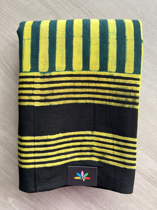 Forest Green & Bright Yellow Natural Dye Ajrakh Handblock Printed Cotton Saree-22441