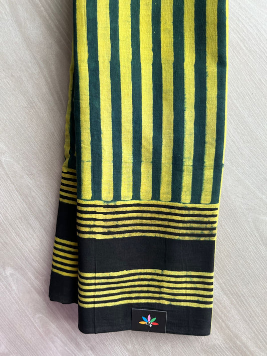 Forest Green & Bright Yellow Natural Dye Ajrakh Handblock Printed Cotton Saree-22441