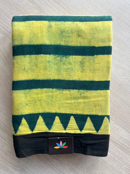 Forest Green & Bright Yellow Natural Dye Ajrakh Handblock Printed Cotton Saree-22447