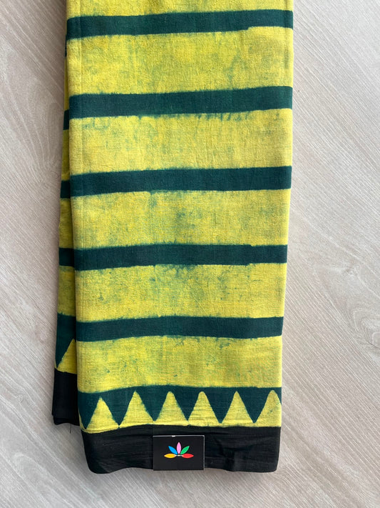 Forest Green & Bright Yellow Natural Dye Ajrakh Handblock Printed Cotton Saree-22447