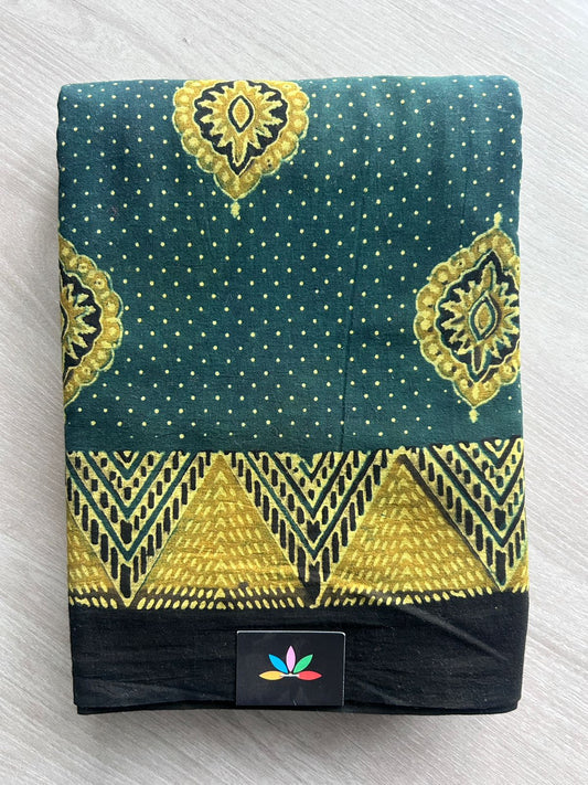 Forest Green Natural Dye Ajrakh Handblock Printed Cotton Saree-22451