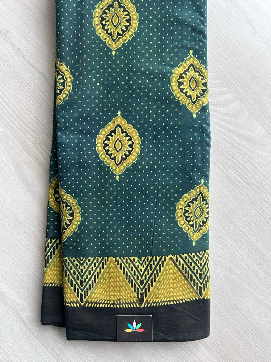 Forest Green Natural Dye Ajrakh Handblock Printed Cotton Saree-22451