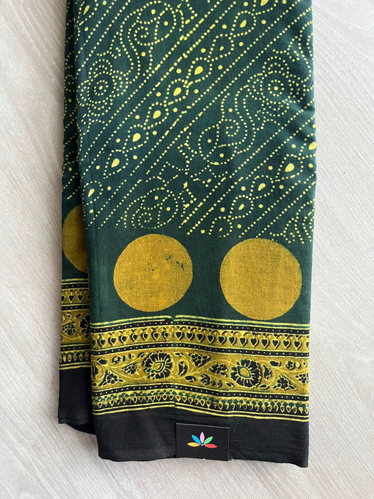 Forest Green Natural Dye Ajrakh Handblock Printed Cotton Saree-22458
