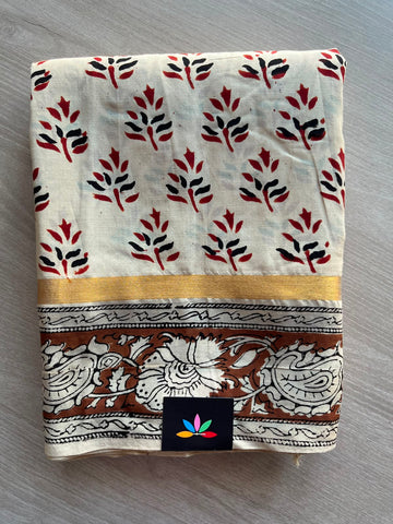 Hand Block Printed Assam Blended Silk Saree - 35177