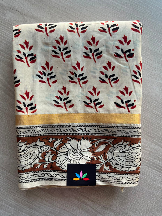 Ivory Shade Hand Block Printed Assam Blended Silk Saree - 35177