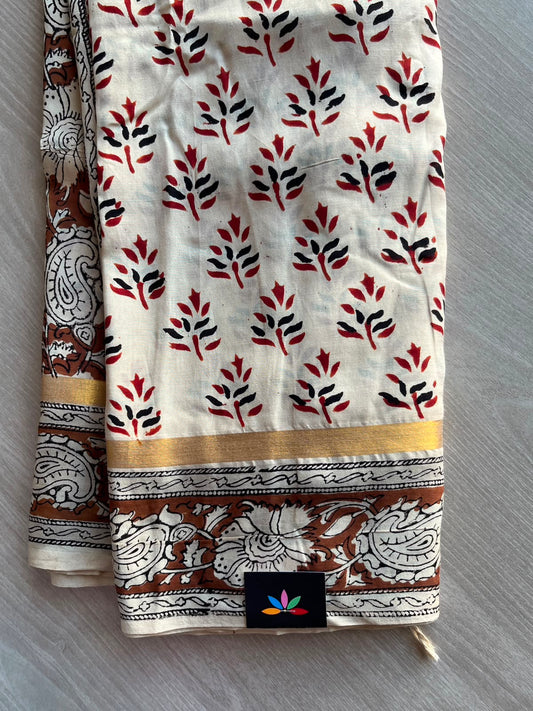 Ivory Shade Hand Block Printed Assam Blended Silk Saree - 35177