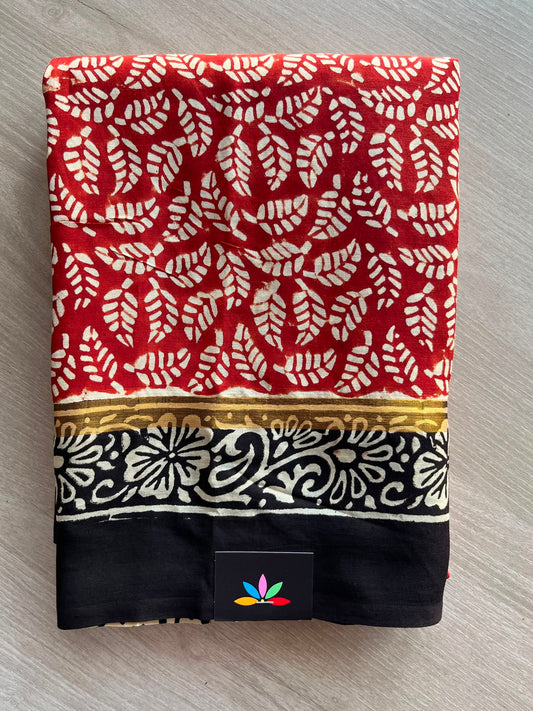 Auburn Red Hand Block Printed Assam Blended Silk Saree - 35178