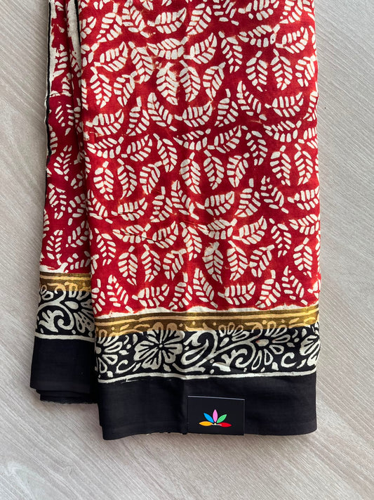 Auburn Red Hand Block Printed Assam Blended Silk Saree - 35178