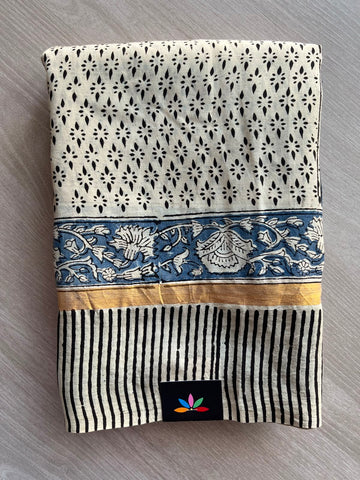 Hand Block Printed Assam Blended Silk Saree - 35179
