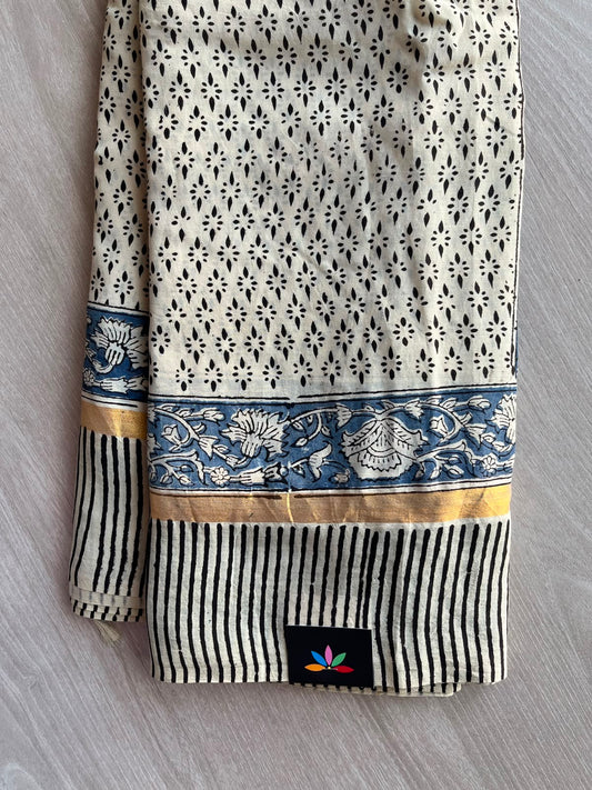 Soft Ivory Hand Block Printed Assam Blended Silk Saree - 35179