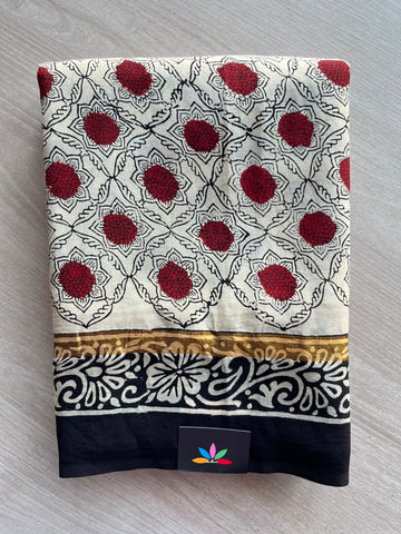 Soft Ivory Hand Block Printed Assam Blended Silk Saree - 35180