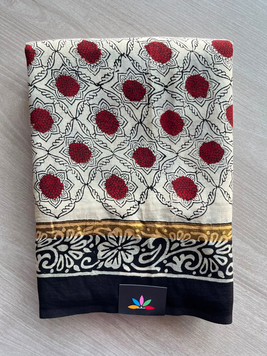 Soft Ivory Hand Block Printed Assam Blended Silk Saree - 35180