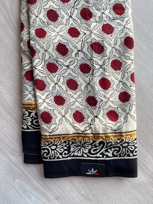 Soft Ivory Hand Block Printed Assam Blended Silk Saree - 35180