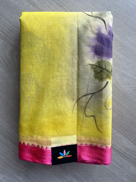 Bright Yellow Hand painted Bengal Cotton Saree- 30379