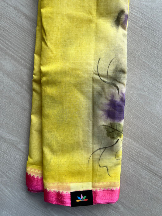 Bright Yellow Hand painted Bengal Cotton Saree- 30379