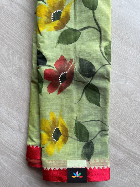Pastel Green with Florel Hand painted Bengal Cotton Saree (Without blouse)- 30563