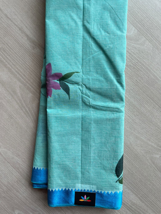 Sky Blue with Florel Hand painted Bengal Cotton Saree (Without blouse)- 30564