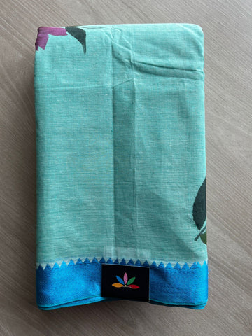 Sky Blue with Florel Hand painted Bengal Cotton Saree (Without blouse)- 30564