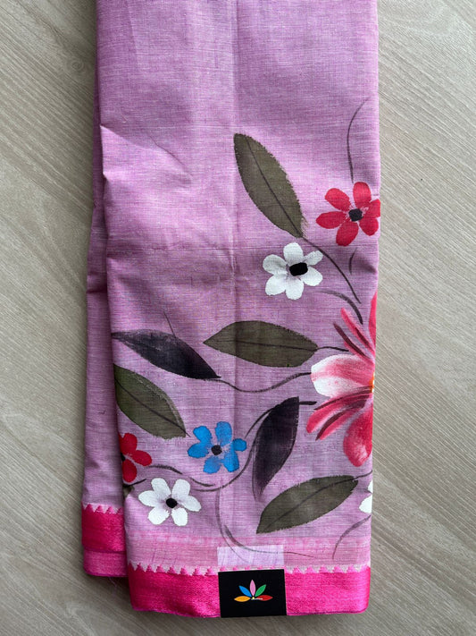 Dusty Magenta with Floral Hand painted Bengal Cotton Saree (Without blouse)- 30565